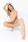 Camel Drawstring Cropped Hoodie & Joggers Set