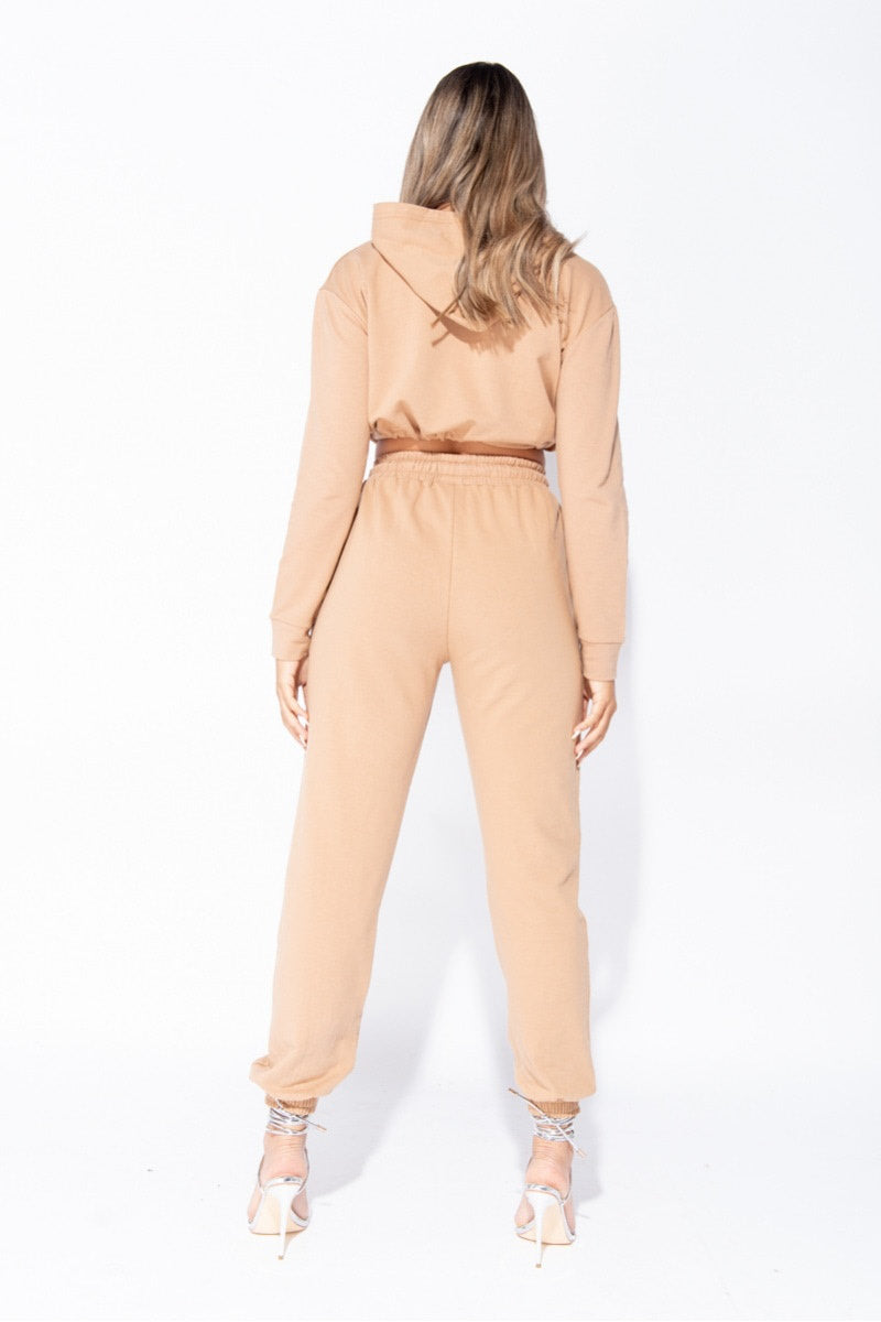 Camel Drawstring Cropped Hoodie & Joggers Set