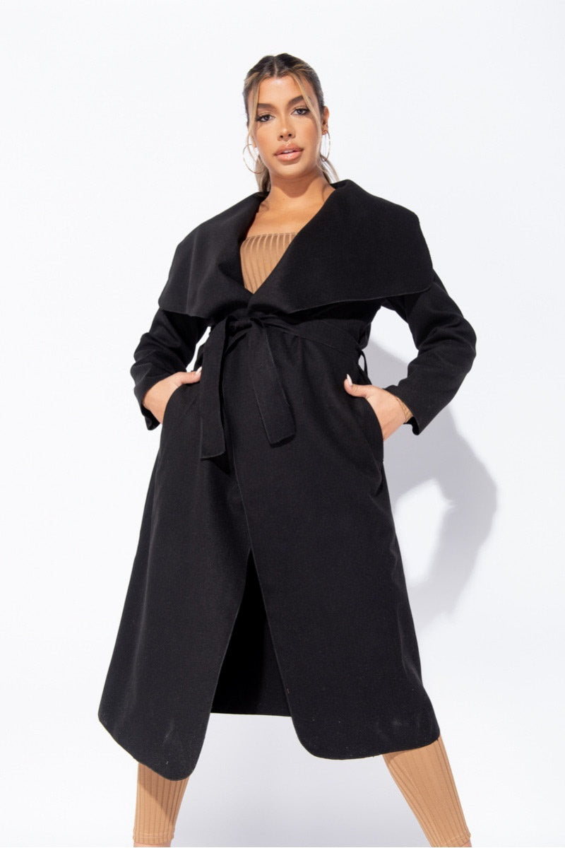 Black Oversized Belted Waterfall Coat