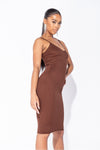 Brown Ribbed Plunge Bodycon Midi Dress