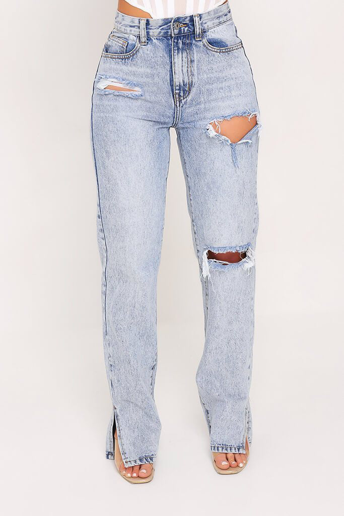 Ice Blue Distressed Split Hem Jeans