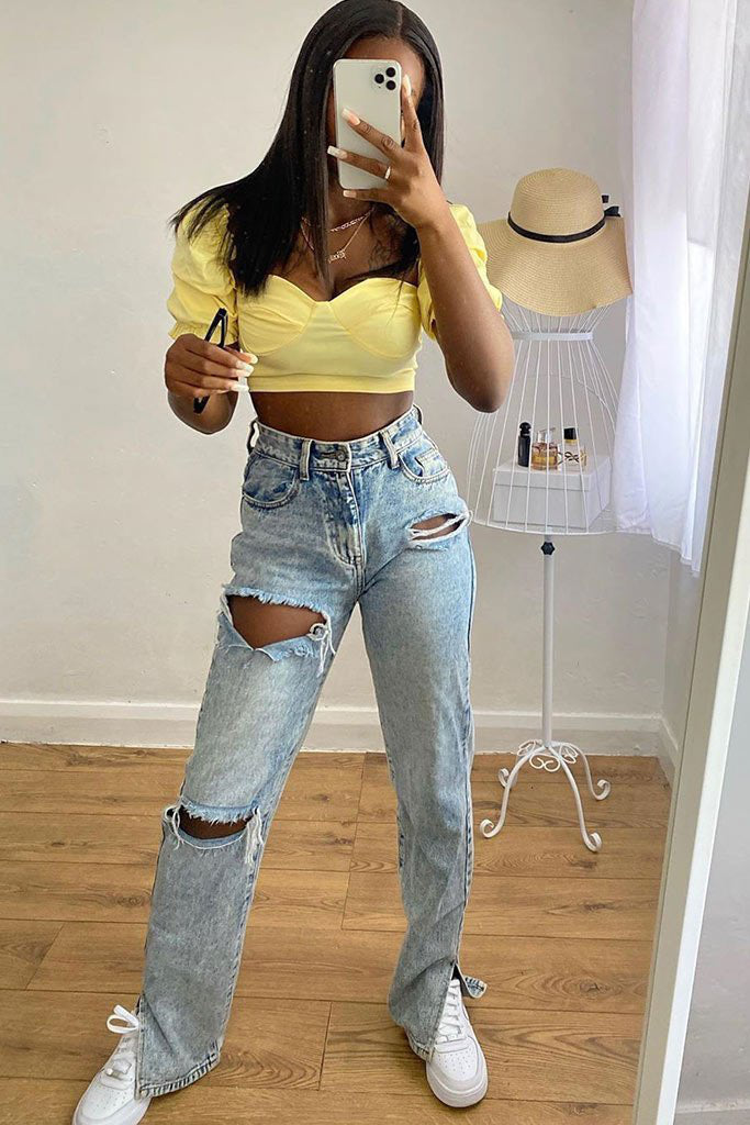 Ice Blue Distressed Split Hem Jeans