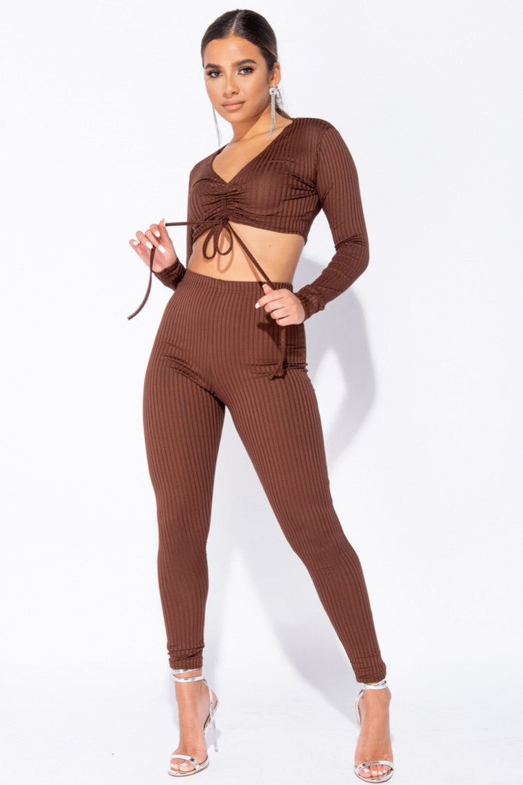 Brown Ribbed Ruched Front Loungewear Set