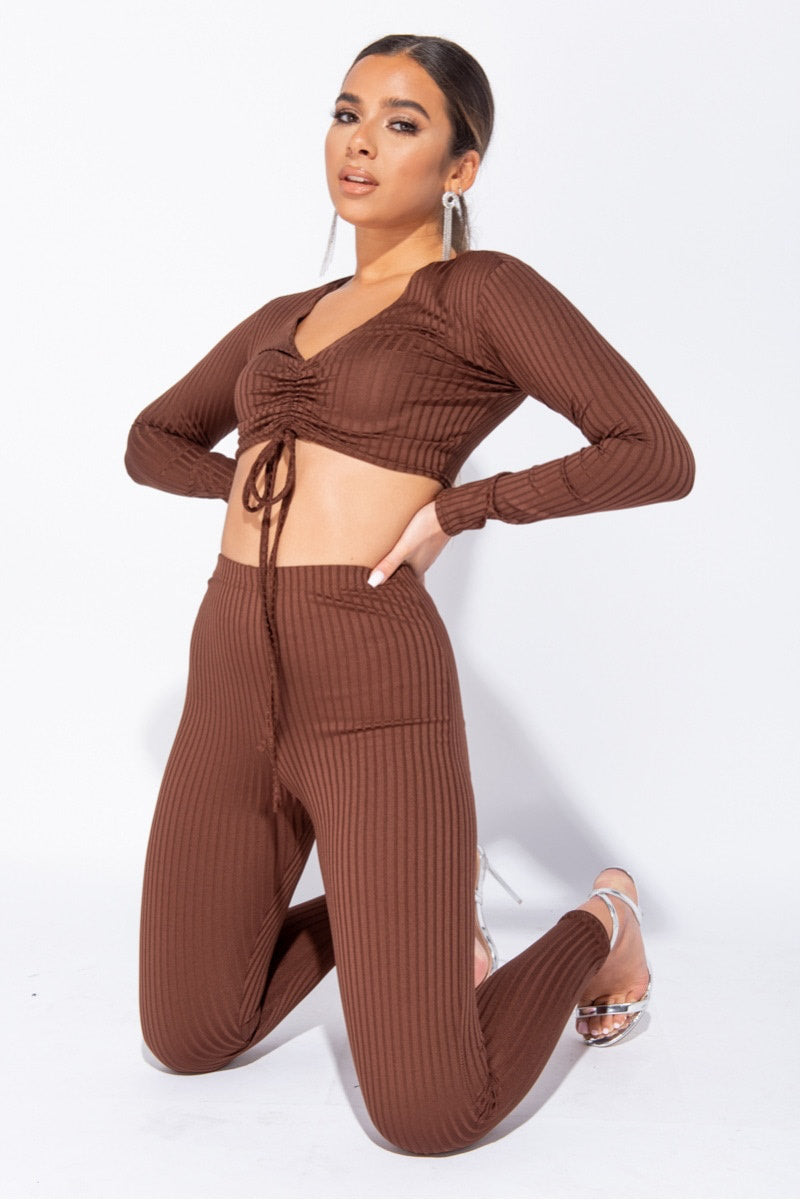 Brown Ribbed Ruched Front Loungewear Set