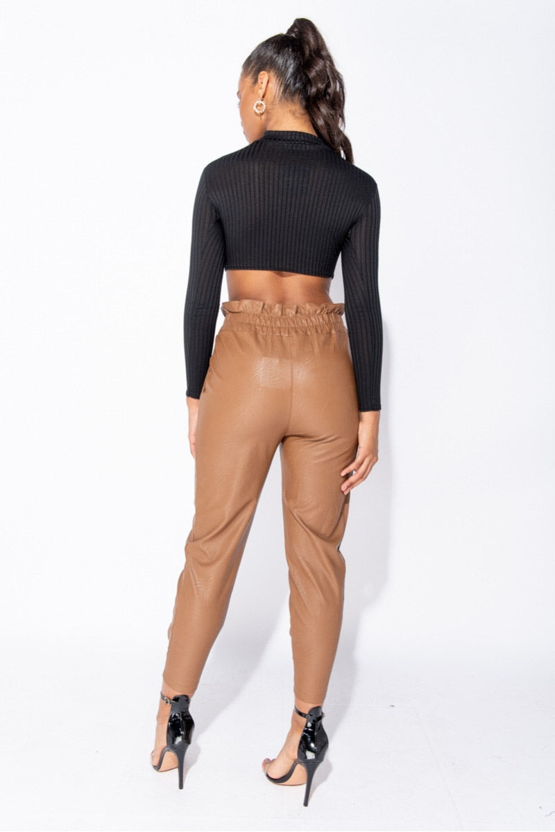 Black Ribbed Cut Out Front High Neck Crop Top