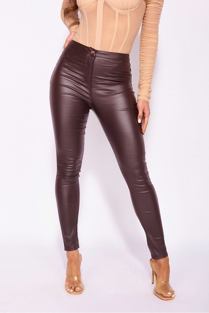 Brown Coated High Waist Skinny Jeans