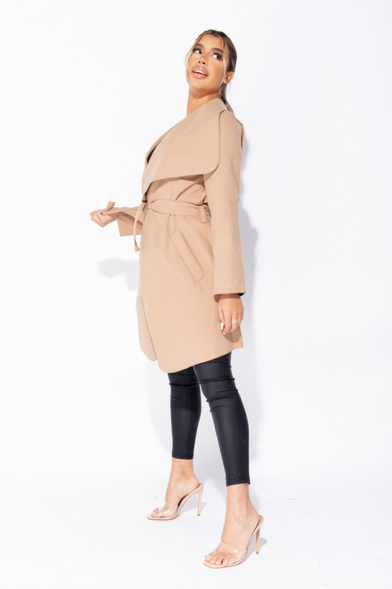 Camel Oversized Belted Mid Length Waterfall Coat