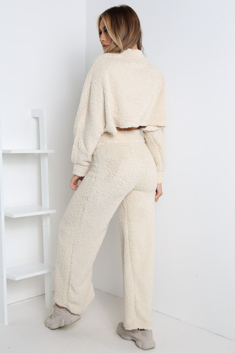 Cream Teddy Top & Wide Leg Trouser Lounge Set