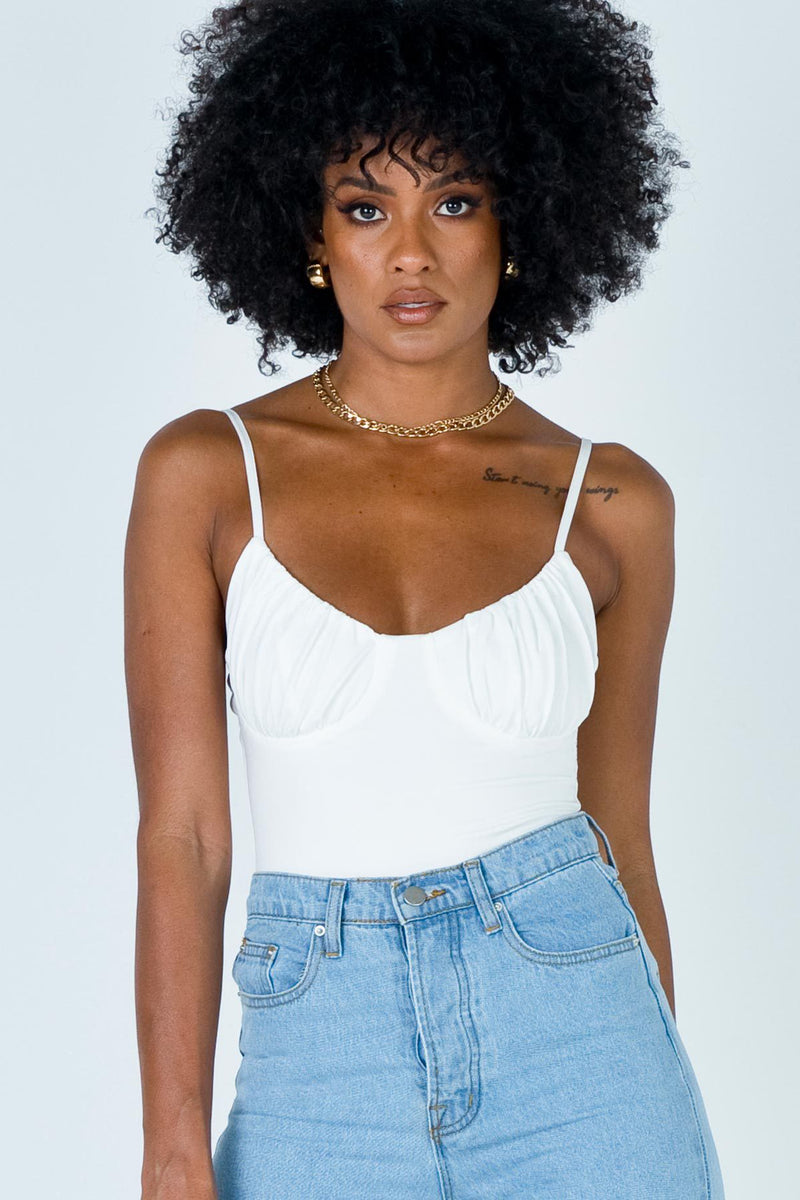 White Ruched Bustier Strappy Bodysuit