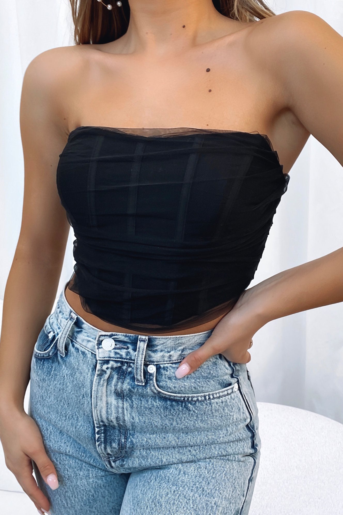 Black Boned Mesh Corset Crop Top