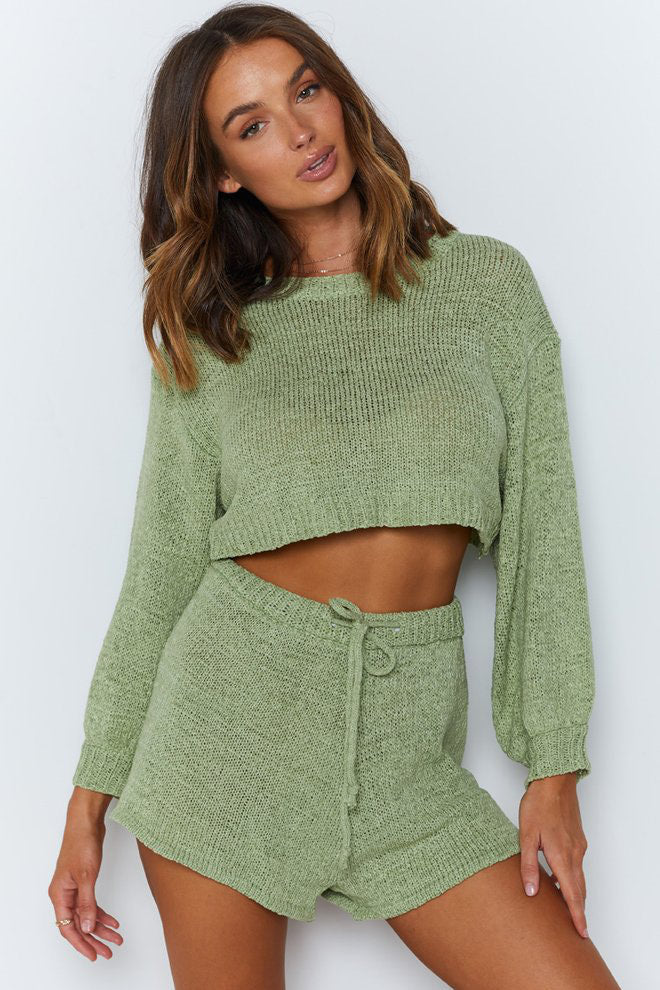 Green Knitted Jumper and Shorts Lounge Set