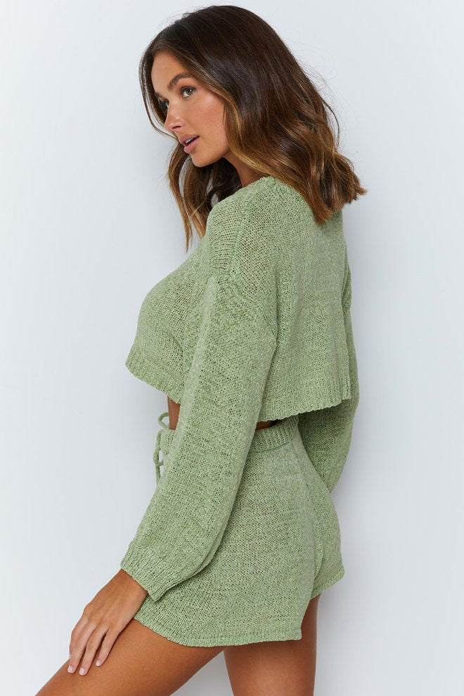 Green Knitted Jumper and Shorts Lounge Set