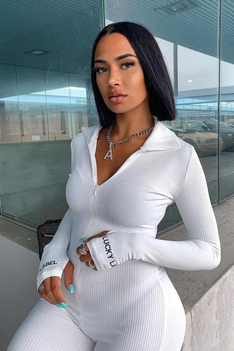 White Ribbed High Neck Zip Front Jumpsuit