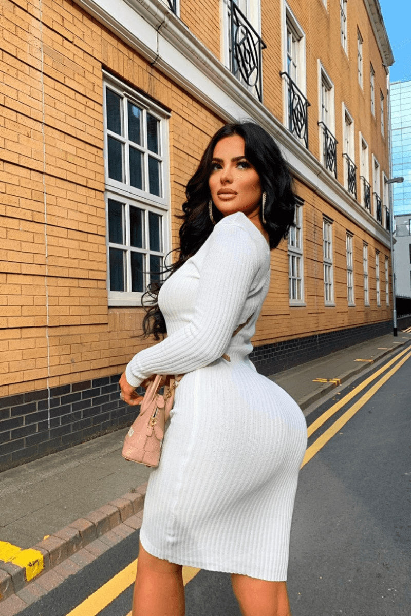 White V Neck Knitted Midi Dress