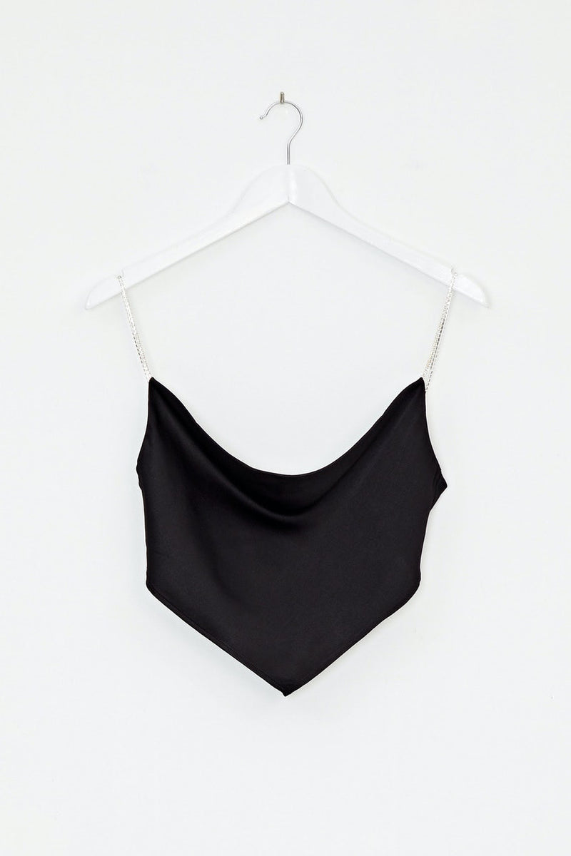 Black Satin Diamante Cowl Neck Crop Top