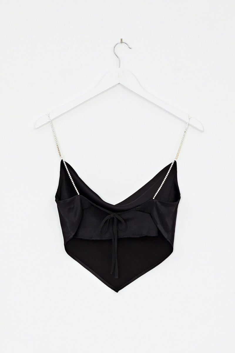Black Satin Diamante Cowl Neck Crop Top