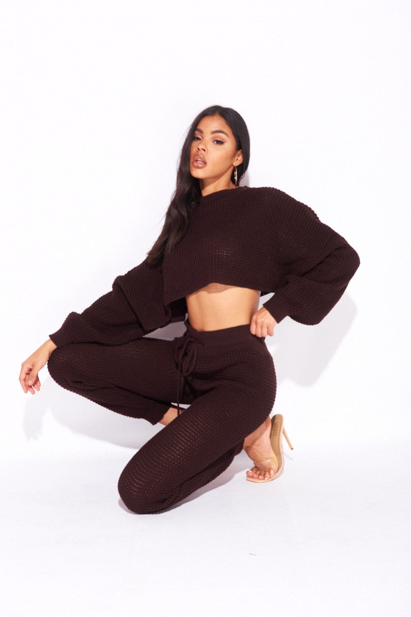 Brown Waffle Knitted Lounge Set