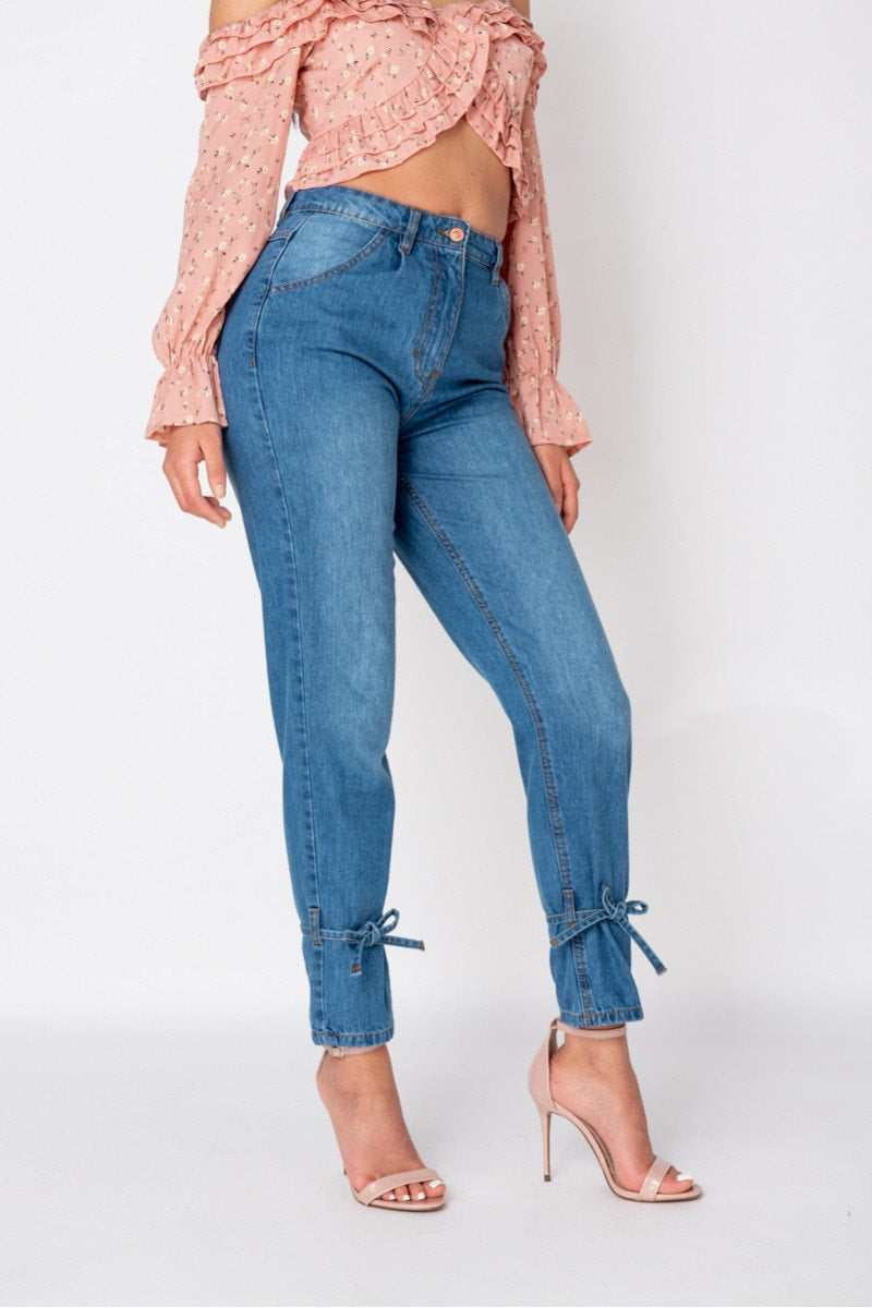 Mid Blue Wash Ankle Tie Denim Jeans