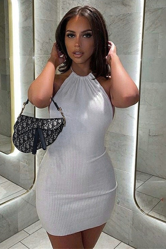White Ribbed Backless Halterneck Mini Dress