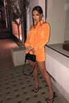 Apricot Ruched Slinky Button Down Shirt Dress