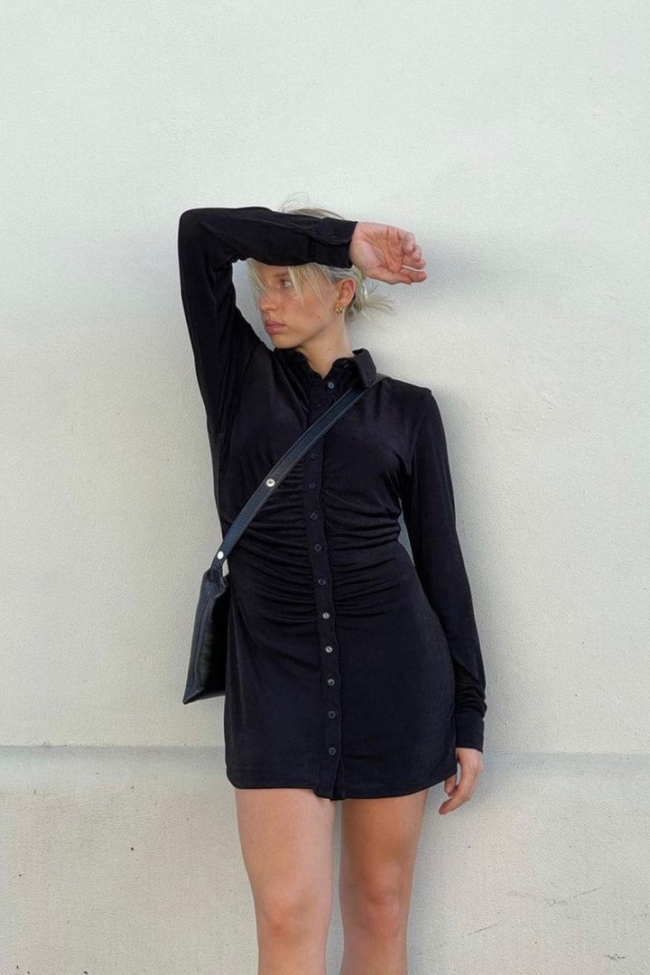 Black Ruched Slinky Button Down Shirt Dress
