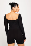 Black Ribbed Square Neck Long Sleeve Playsuit