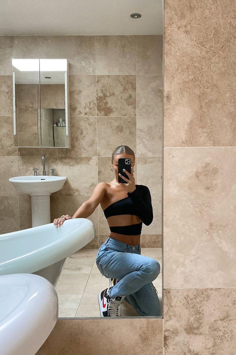 Black One Shoulder Cut Out Crop Top
