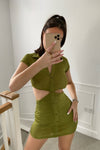 Olive Slinky Cut Out Short Sleeve Mini Dress