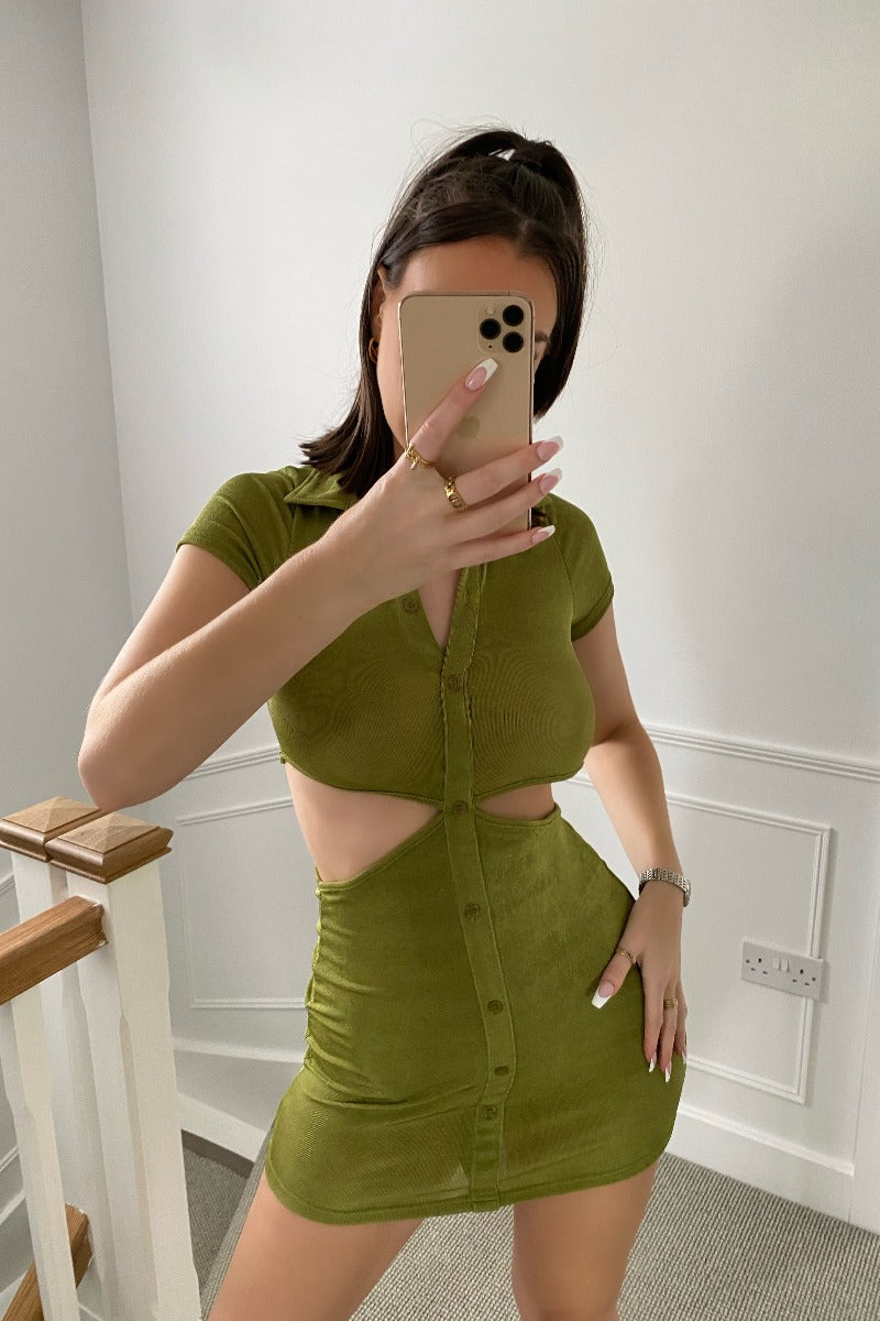 Olive Slinky Cut Out Short Sleeve Mini Dress