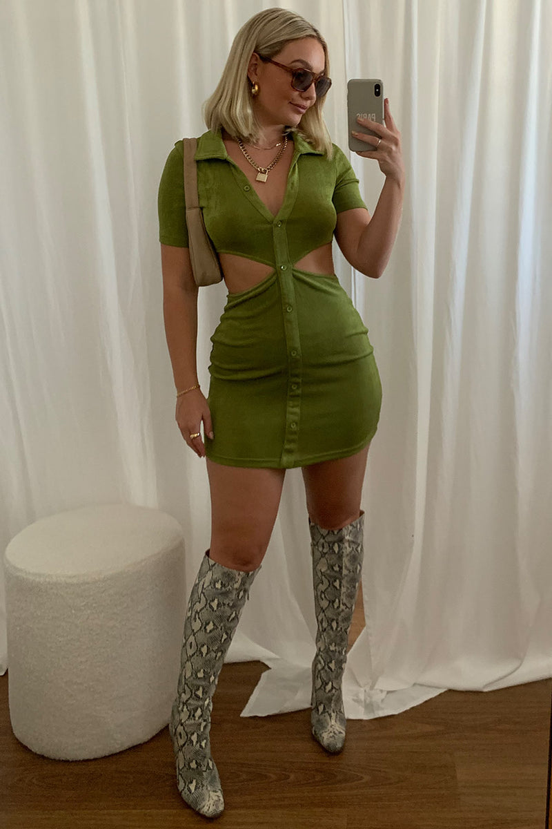 Olive Slinky Cut Out Short Sleeve Mini Dress