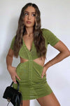 Olive Slinky Cut Out Short Sleeve Mini Dress