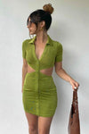 Olive Slinky Cut Out Short Sleeve Mini Dress