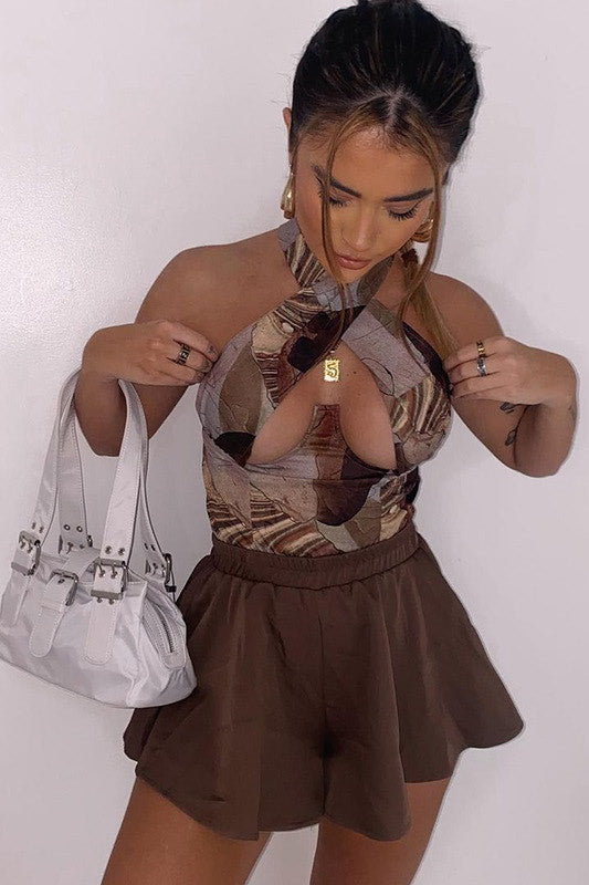 Beige Abstract Print Cross Over Underbust Halterneck Top