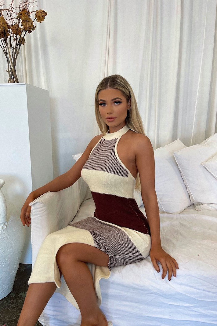 Burgundy Stripe Thigh Split Halter Neck Midi Dress