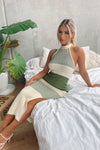 Green Stripe Thigh Split Halter Neck Midi Dress