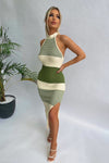 Green Stripe Thigh Split Halter Neck Midi Dress