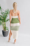 Green Stripe Thigh Split Halter Neck Midi Dress