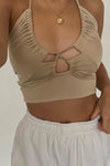 Beige Ruched Cut Out Halterneck Top