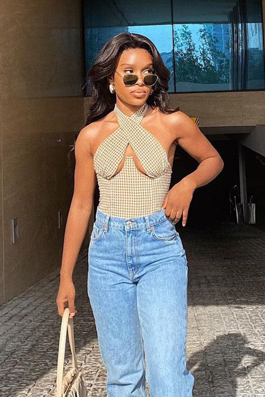 Brown Check Print Cross Over Underwired Halterneck Crop Top