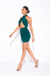 Emerald Green Slinky Cross Over Halterneck Mini Dress