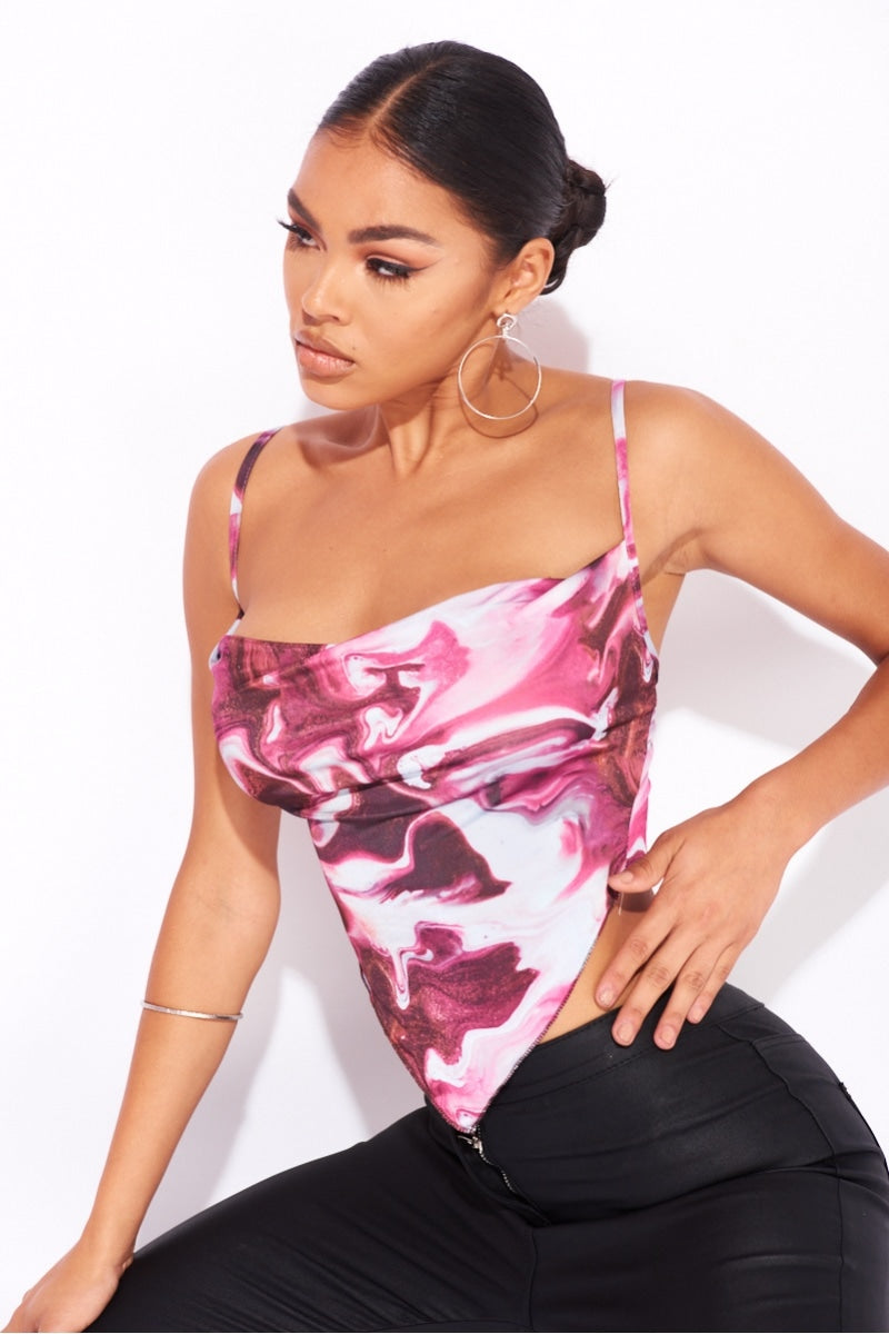 Pink Marble Print Slinky Cowl Neck Top