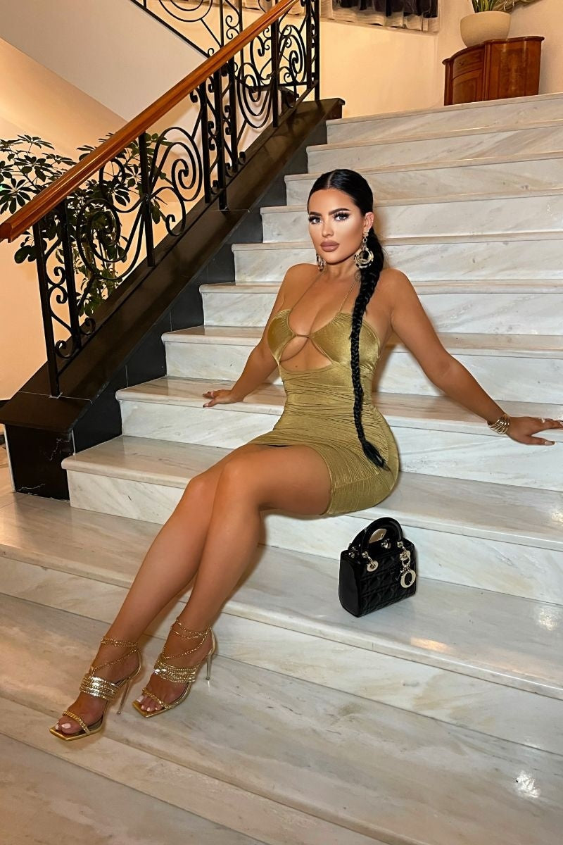 Olive Slinky Cross Strap Ruched Detail Mini Dress