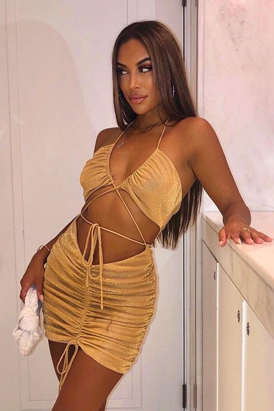 Gold Sparkly Cross Strap Ruched Mini Dress