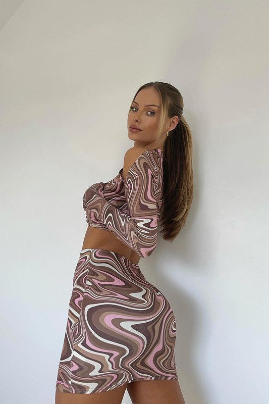 Brown Retro Swirl Print Crop Top & Skirt Co-Ord