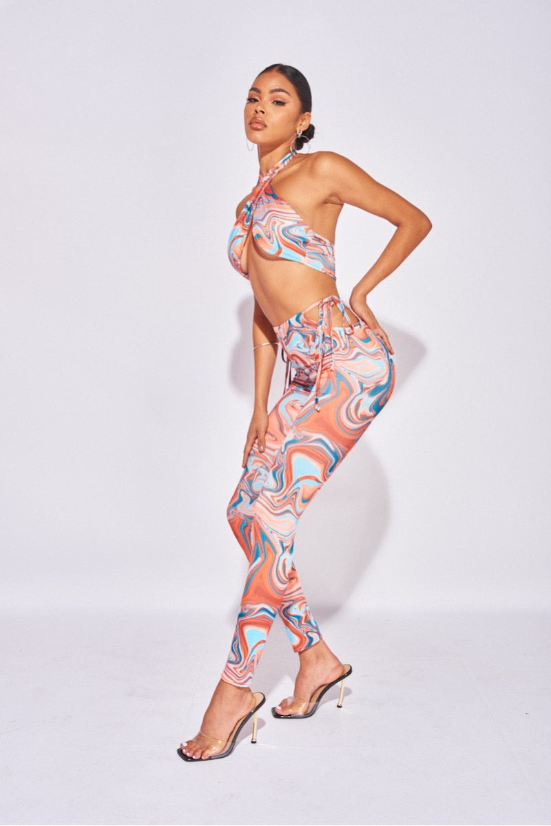 Orange Marble Print Wrap Top & Cut Out Trouser Co-Ord
