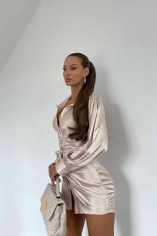 Champagne Satin Balloon Sleeve Tie Back Mini Dress