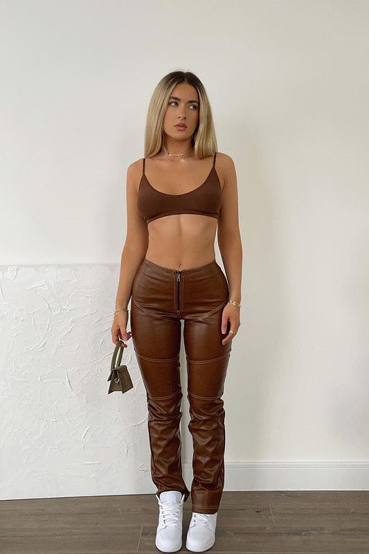 Brown Vegan Faux Leather Contrast Stitch Trousers
