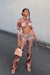 Brown Marble Print Halter Top & Tie Detail Trousers Co-Ord