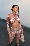 Brown Marble Print Halter Top & Tie Detail Trousers Co-Ord