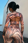 Brown Marble Print Halter Top & Tie Detail Trousers Co-Ord